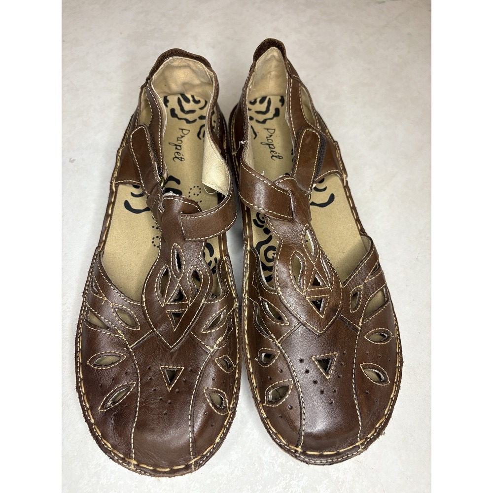 Propet Brown Leather Laser Cut T-Strap Mary Jane Flats Shoes Womens 9 M WS003L
